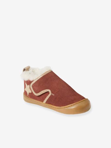 Chaussons fourrés scratchés bébé en cuir souple vieux rose - vertbaudet enfant 