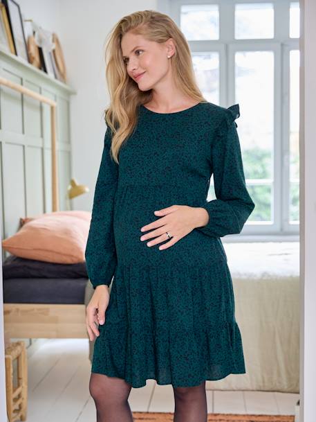 Korte jurk met print en ruches voor tijdens de zwangerschap en borstvoeding dennen - vertbaudet enfant 