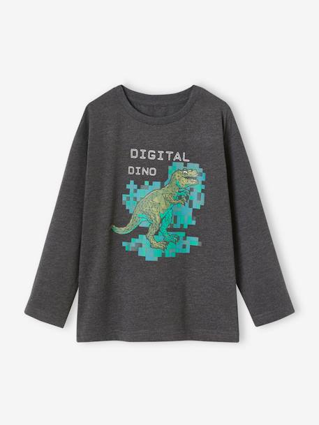 Jongens-T-shirt met pixeleffect en digitale dino's in reliëf gemêleerd grijs - vertbaudet enfant 