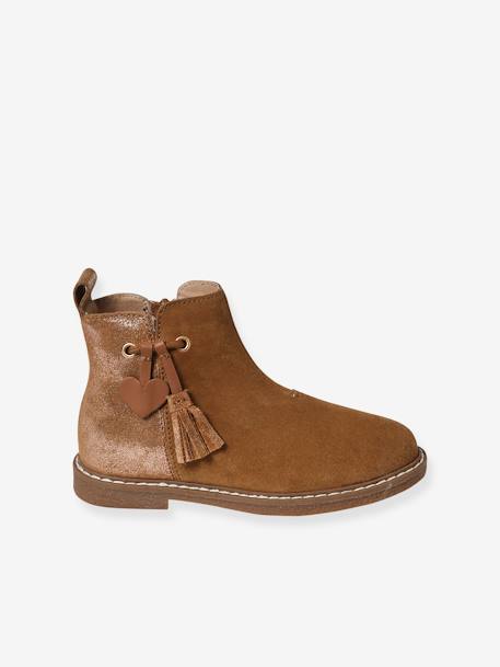Leren boots met pompon kleutercollectie meisjes kameel+rozen - vertbaudet enfant 
