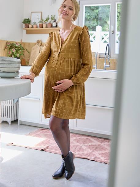 Korte jurk met iriserende ruit zwangerschap en borstvoeding kaki - vertbaudet enfant 