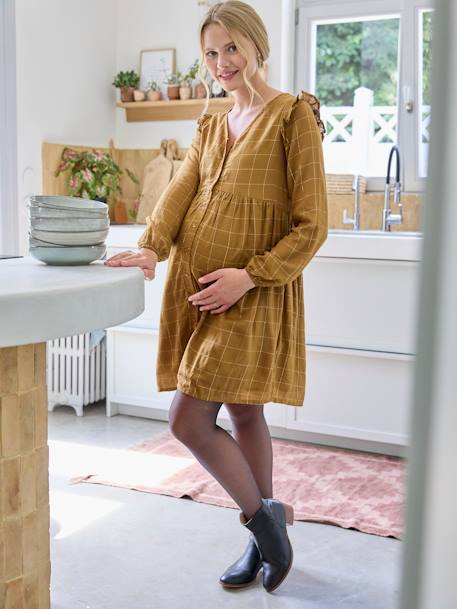 Korte jurk met iriserende ruit zwangerschap en borstvoeding kaki - vertbaudet enfant 