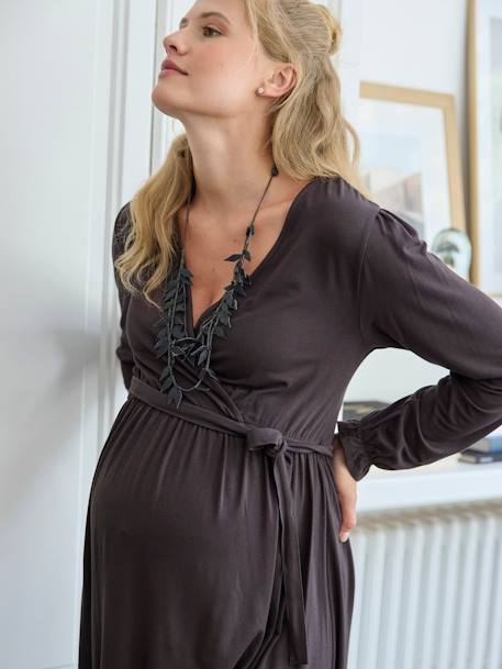 Korte wikkeljurk van tricot voor zwangerschap en borstvoeding chocoladebruin - vertbaudet enfant 