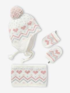 -Ensemble bébé fille bonnet + snood + moufles maille jacquard fluffy