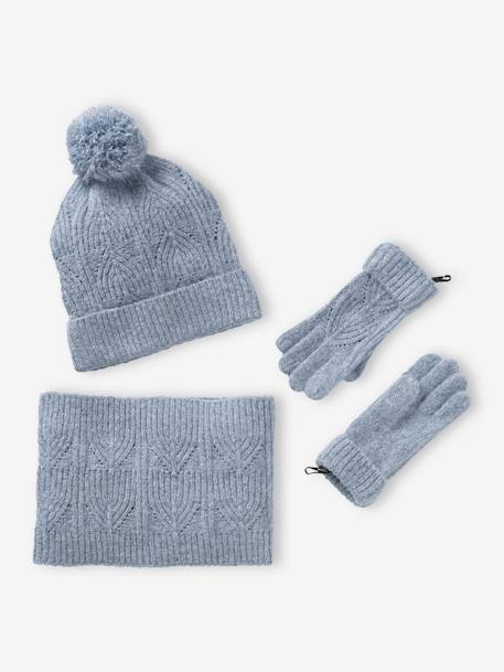 Fille-Accessoires-Bonnet, écharpe, gants-Ensemble bonnet + snood + moufles en maille torsadée mousseuse