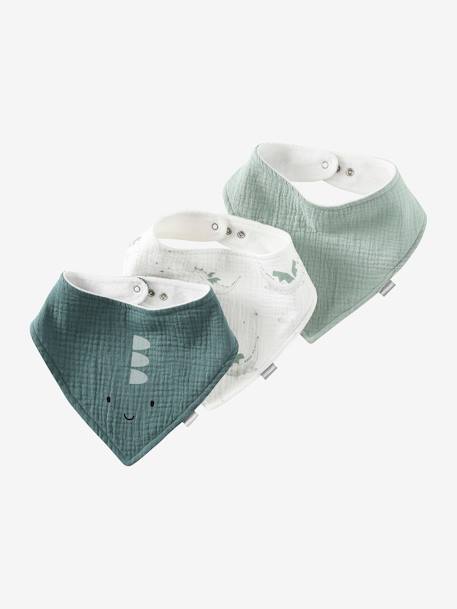 Set met 3 slabbetjes van katoengaas ecru+groen, geruit+saliegroen+set groene panda+set vos+veel beige+WIT - vertbaudet enfant 