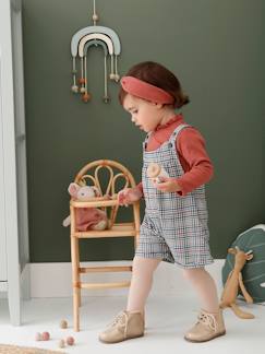Baby-Babyset met korte geruite overall, effen geribd T-shirt en bijpassende hoofdband