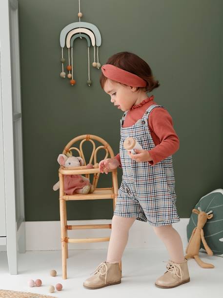 Babyset met korte geruite overall, effen geribd T-shirt en bijpassende hoofdband oudroze - vertbaudet enfant 
