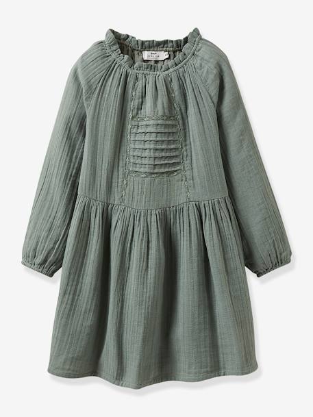 Robe fille en gaze de coton CYRILLUS gris+vert amande - vertbaudet enfant 