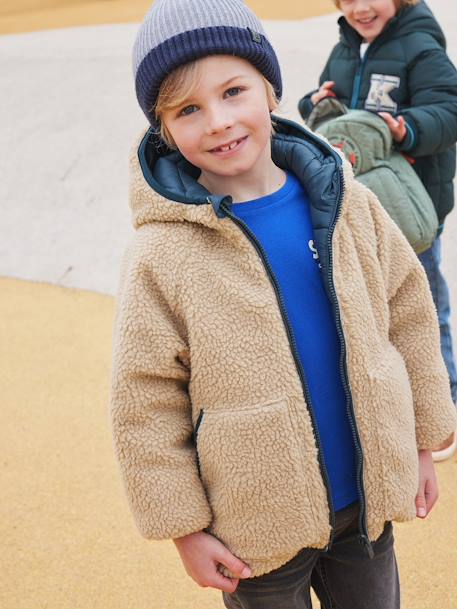 Omkeerbaar gewatteerd jongensjack met capuchon en sherpa dennen+mokka - vertbaudet enfant 