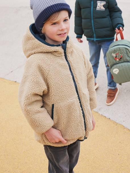 Omkeerbaar gewatteerd jongensjack met capuchon en sherpa dennen+mokka - vertbaudet enfant 