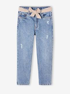 Meisje-Jean-Jeans met rechte pijpen en riem met geruite band, meisjes waterless
