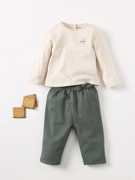 Molton babybroek met elastische taille flesgroen+inkt+rozen - vertbaudet enfant 