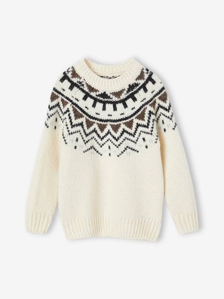 Pull jacquard garçon col rond beige+bleu ardoise+vert - vertbaudet enfant 