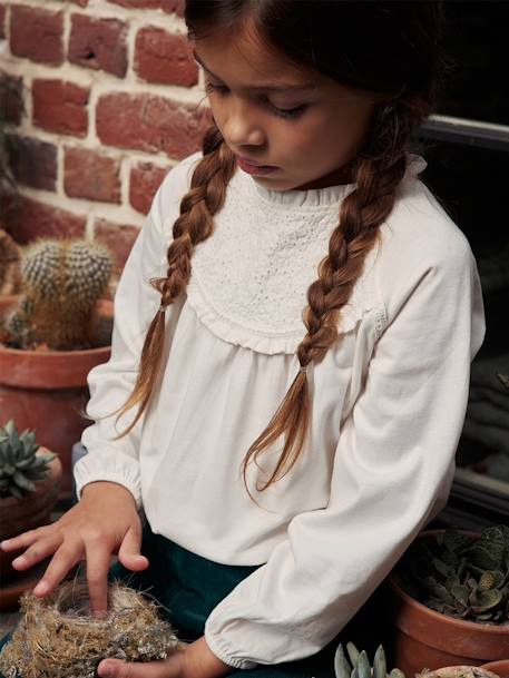 Tee-shirt blouse fille détail broderie anglaise manches longues écru+marine+mauve+vert foncé - vertbaudet enfant 