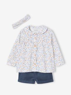 3-delige set voor baby meisje met T-shirt, fluwelen short en haarband  - vertbaudet enfant