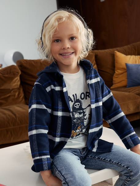 Geruite flanellen overhemd met capuchon voor jongens marineblauw - vertbaudet enfant 