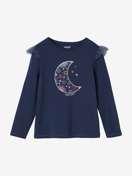Kerst-T-shirt met glanzende maan en glitterruches voor meisjes marineblauw - vertbaudet enfant 