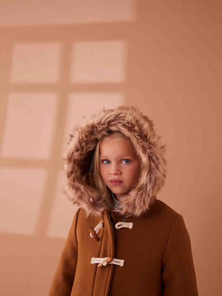 Duffle-coat à capuche fille drap de laine blush+camel+vert de gris - vertbaudet enfant 