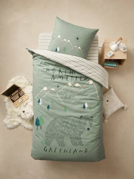Parure housse de couette enfant et taie d'oreiller avec coton recyclé NOMAD vert imprimé - vertbaudet enfant 