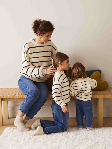 Pull bébé fille en côte perlée col en broderie anglaise rayé marine+vert sauge - vertbaudet enfant 