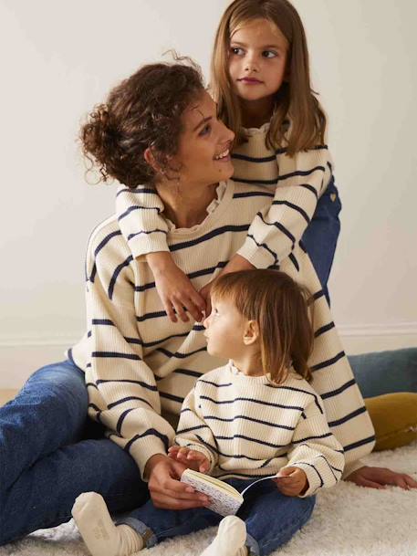 Pull bébé fille en côte perlée col en broderie anglaise rayé marine+vert sauge - vertbaudet enfant 