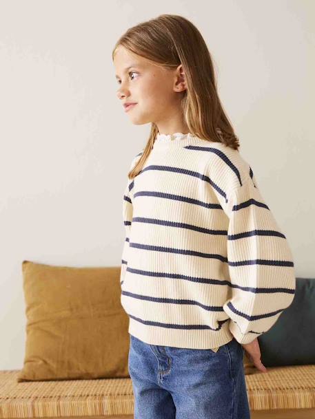 Meisjestrui met losse pasvorm en sierkraag marineblauw+marineblauw, gestreept+paars - vertbaudet enfant 