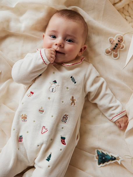Pyjama Noël bébé fille brodé en velours écru - vertbaudet enfant 