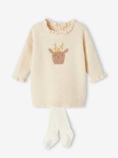 -Ensemble de Noël bébé robe en tricot motif renne + collant