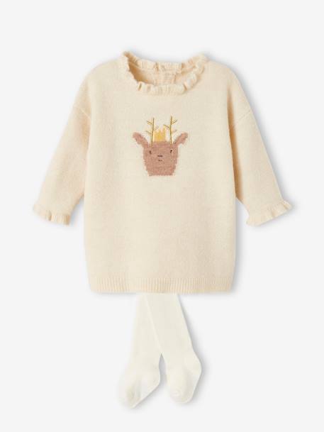 Ensemble de Noël bébé robe en tricot motif renne + collant écru - vertbaudet enfant 