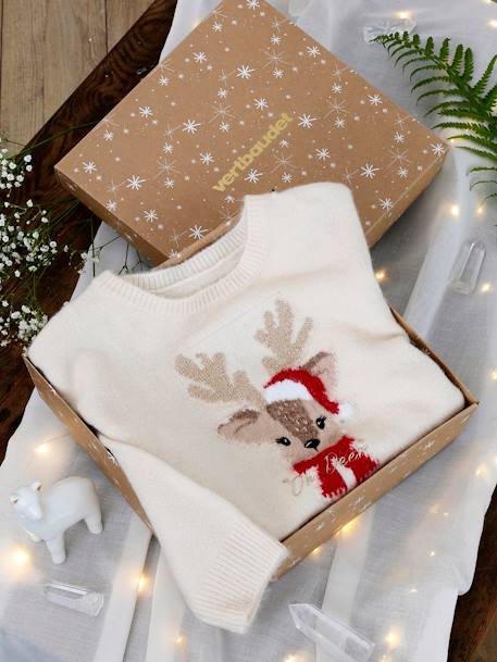 Kerstcadeauverpakking 'Renne' jacquard trui + 2 scrunchies voor meisjes ecru - vertbaudet enfant 