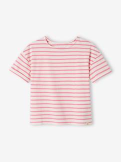 Meisje-T-shirt, souspull-T-shirt-Gestreept meisjes-T-shirt met korte mouwen