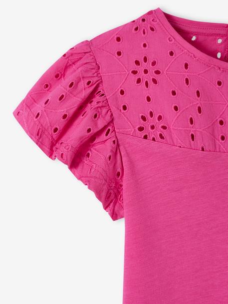 Meisjesshirt van Engels borduurwerk en mouwen met stroken fuchsia+koraal+ZACHTGROEN - vertbaudet enfant 