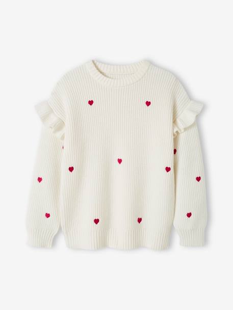 Pull fille brodé manches volantées écru+rayé marine+rouge - vertbaudet enfant 