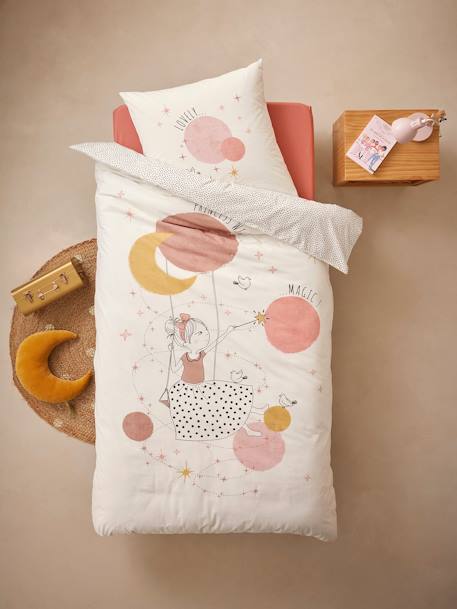 Parure housse de couette enfant et taie d'oreiller avec coton recyclé PRINCESSE POESIE blanc imprimé - vertbaudet enfant 