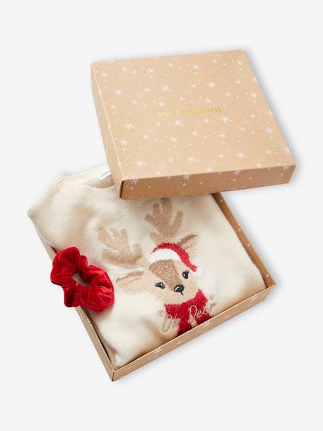 Kerstcadeauverpakking 'Renne' jacquard trui + 2 scrunchies voor meisjes ecru+lichtroze+roze (poederkleur) - vertbaudet enfant 