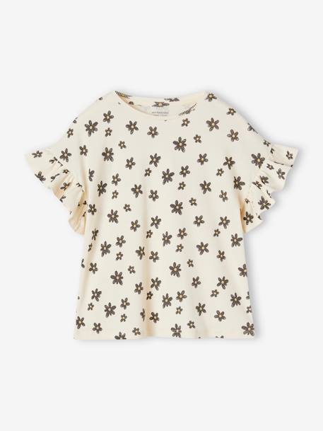 Tee-shirt en côtes imprimé fleurs fille beige+blanc imprimé - vertbaudet enfant 