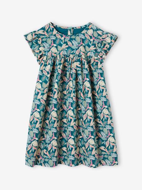 Jurk met print en korte mouwen met ruches dennen+lichtroze+smaragdgroen+wit, bedrukt - vertbaudet enfant 