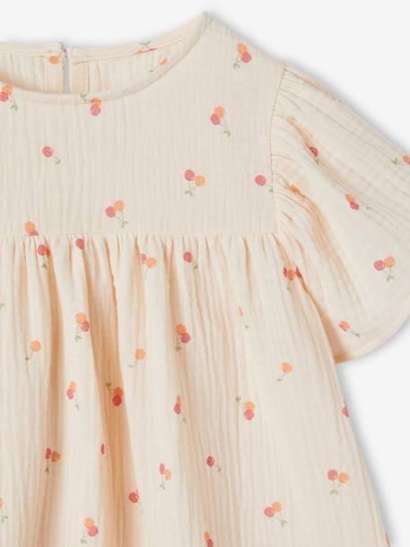 Meisjesblouse met print en vlindermouwen van gaas van biologisch katoen ecru+rozen - vertbaudet enfant 