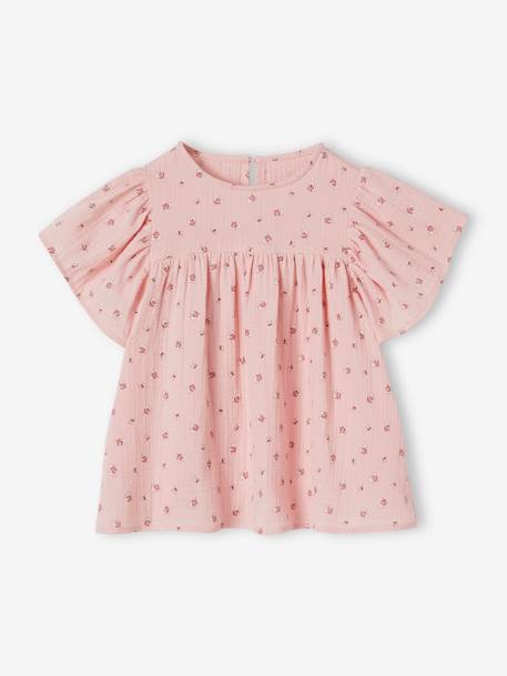 Blouse en gaze de coton bio fille manches papillon écru+rose - vertbaudet enfant 