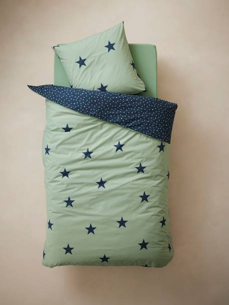 Parure housse de couette enfant et taie d'oreiller DREAM BIG kaki / étoiles marine - vertbaudet enfant 