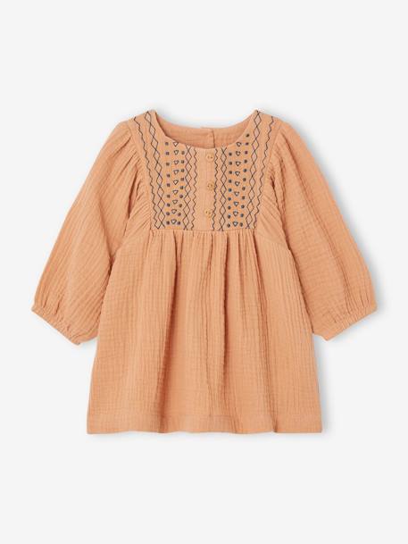 Robe brodée bébé en gaze de coton caramel - vertbaudet enfant 