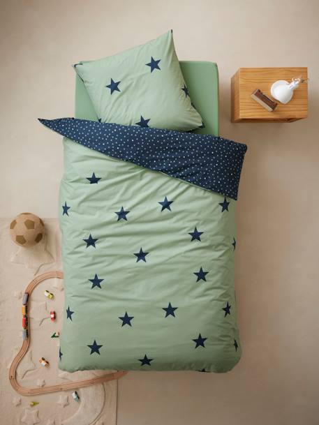 Parure housse de couette enfant et taie d'oreiller DREAM BIG kaki / étoiles marine - vertbaudet enfant 