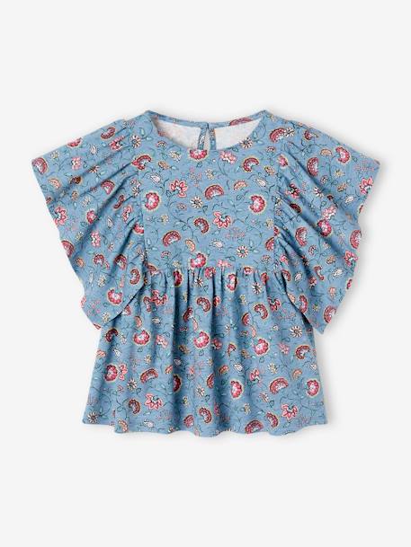 Tee-shirt blouse motifs fleurs fille bleu pétrole+multicolore+vanille - vertbaudet enfant 