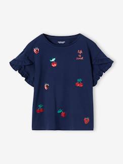 Meisje-T-shirt, souspull-T-shirt-Gestreept t-shirt met paillettenhartje voor meisjes