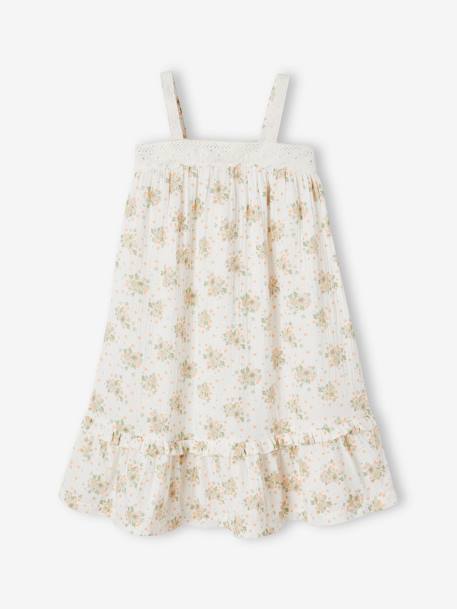 Robe à bretelles cérémonie détail en broderie anglaise fille détail en gaze de coton rose imprimé - vertbaudet enfant 