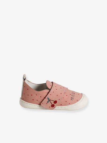 Chaussons scratchés bébé en cuir souple rose+rose imprimé - vertbaudet enfant 