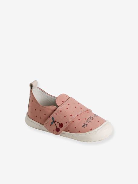 Chaussons scratchés bébé en cuir souple rose+rose imprimé - vertbaudet enfant 