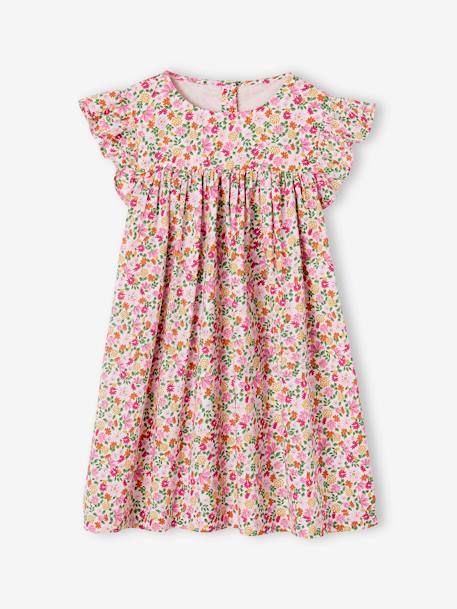 Robe fille imprimée fille manches à volants blanc imprimé+rose pâle+vert émeraude - vertbaudet enfant 