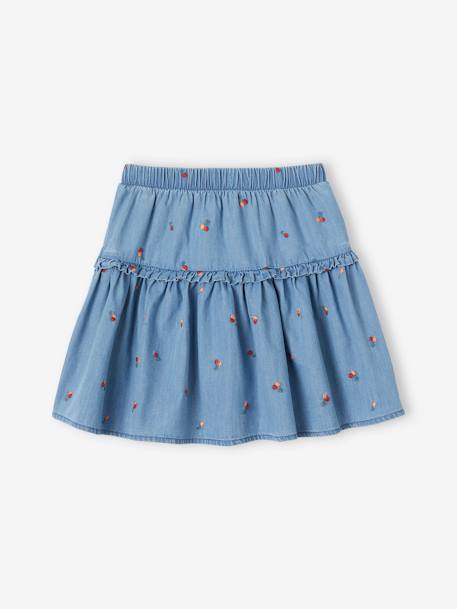 Jupe brodée cerises fille en denim léger stone - vertbaudet enfant 
